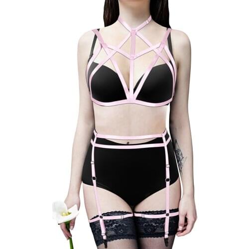 Gothic Pink Costume Strappy Fetish Lingerie Set Top Waist Belt Garter Sexy Dance Rave Festival Body Harness Cage Bra Bondage