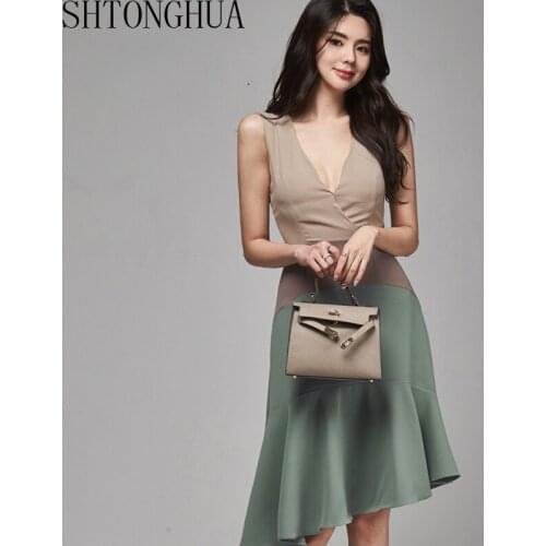 2020 Summer New Sexy Patchwork V-neck Sleeveless Contrast Slim Ruffle Irregular Vintage Elegant Party Knee Length Dress
