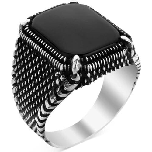 925 Sterling Silver Mens Ring with Black Onyx Stone Square Ring Black Ring for Men Onyx Ring