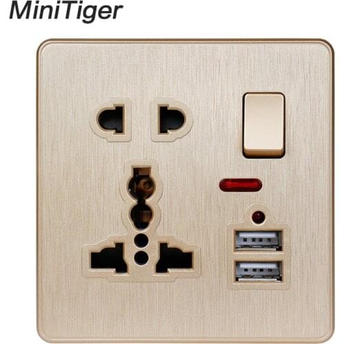 Minitiger Gold Color Wall Power Socket 13A Universal 5 Hole Switched Outlet 2.1A Dual USB Charger Port LED indicator