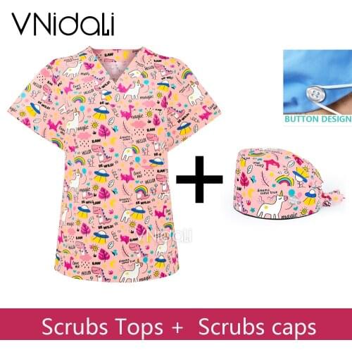 New Womens Scrub Top Cotton Scrubs Shirt V-neck Pocket Women Clothes T Shirt Short Sleeve Women Scrubs Dentistry Uniforms Nurse