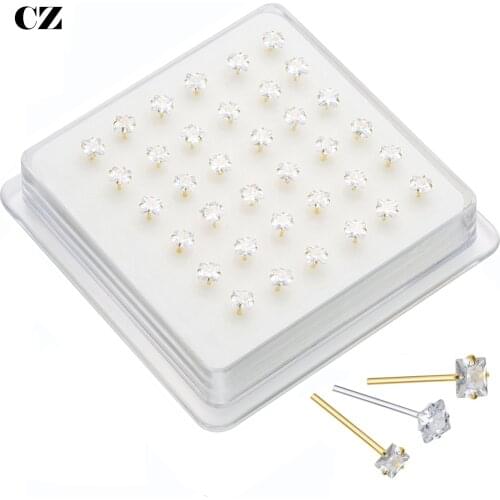 Hotsale Lot Of 36Pcs Fine Jewelry 925 Sterling Silver Nose Stud Straight Pin Square Shape Clear Zircon Piercing Nariz Aro Plata