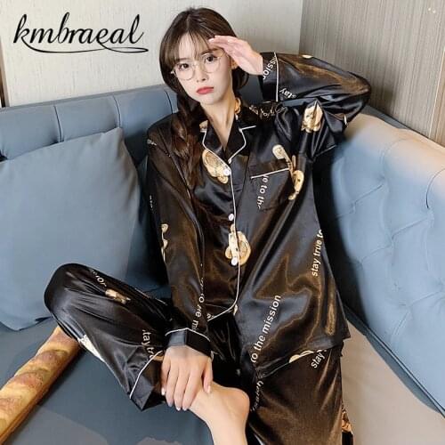 Pajamas for Women Autumn Spring Silk Two Pieces Pyjama Sets Sleepwear Nightwear Girl Cartoon Loose Thin Homewear Plus Size 2xl