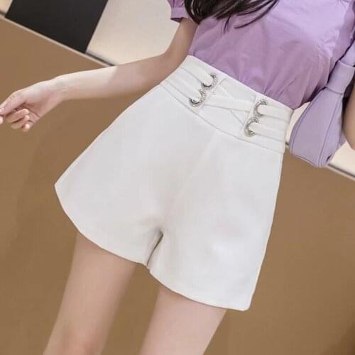 2021 Spring Fall Casual Womens High Waisted Bandage White Black Wide Leg Shorts , Woman Clothes Lady Fashion 2xl Shorts