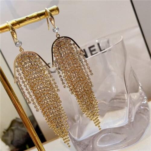 Luxury Jewelry Gold Crystal With Long Tassel Aesthetic Brincos Aros For Charm Lady Gift Accessories Korean Fashion Stud Earring