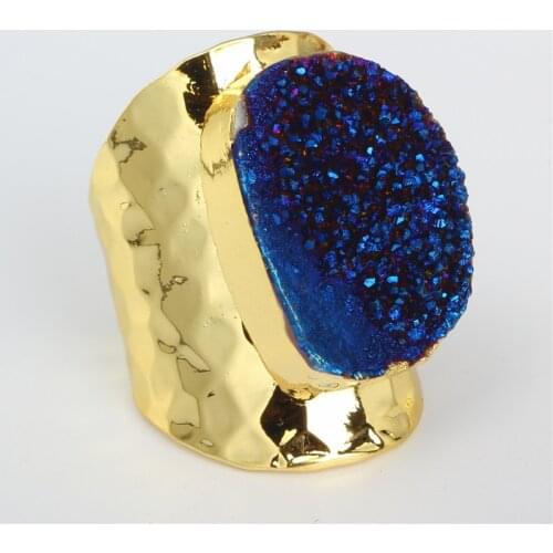 Luxury Dark Royal Blue Rough Raw Druzy Crystal Semi Precious Stone Gold Color Hammered Adjustable Open Ring Cuff For Women