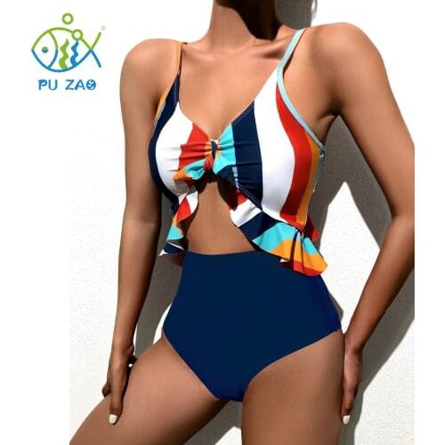 Sexy One Piece 2021 Swimsuit Women Ruffle Monokini Bright Stripe Adjustable Shoulder Strap Bodysuit Bathing Suit Swim Wear