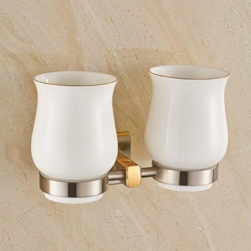 Cup & Tumbler Holders Brass gold brushed Tumbler Toothpaste Toothbrush Holder With Double Ceramics Cups Bathroom Accessories