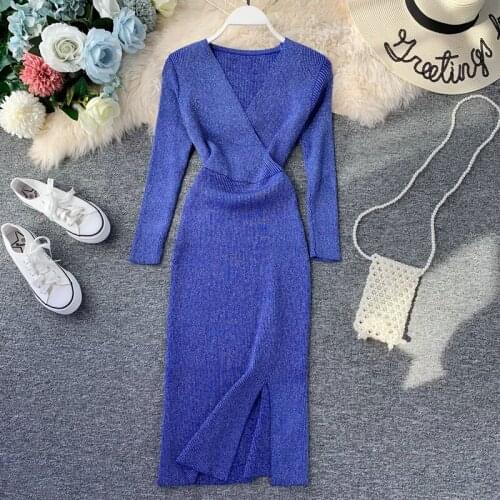 Hollow Out blue Dress 2019 New Women Midi Knitted Work Dress V Neck Long Sleeve Elegant Dress Ladies Office Dresses