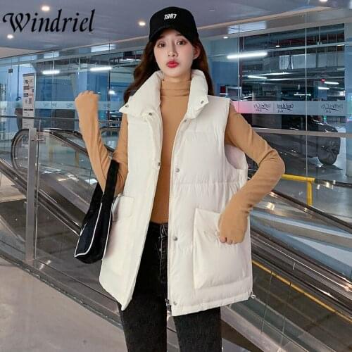 Windriel Solid Pockets Cotton Vest Female Loose Short Waistcoat For Winter Autumn Sleeveless Warm Jacket Coat W2110