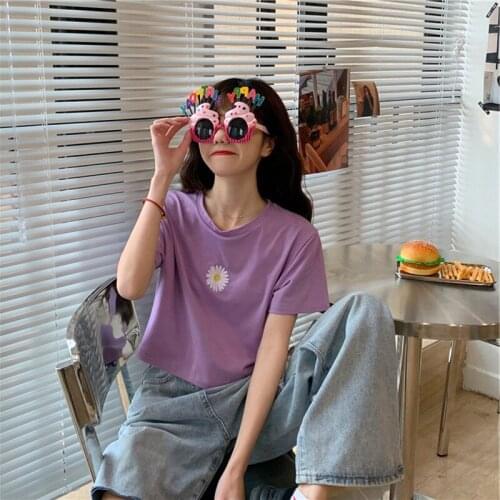 Daisy Printed Women T-shirt Short Sleeve Casual Female Tee Shirts 2020 Summer Fashion New Short Silm Ladies Tee Tops