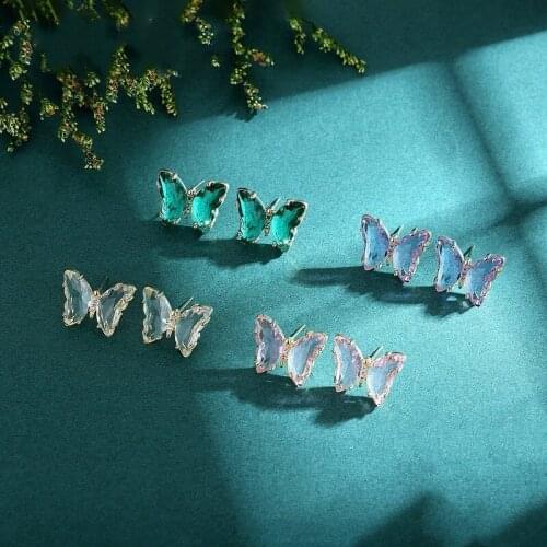 Korean Version of Pink Earrings Butterfly Earrings Female Live Temperament Crystal Earrings Sweet Girl Heart Earrings