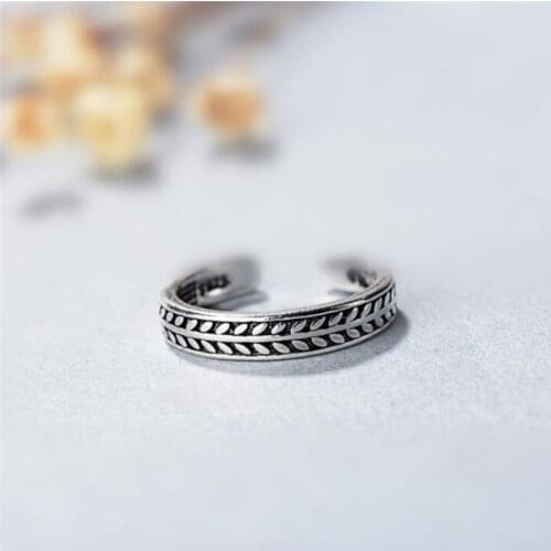 Season Gate 925 Sterling Silver Retro Personality Thai Silver Olive Branches Leaves Adjustable Size Open Ring Women Girls SR038