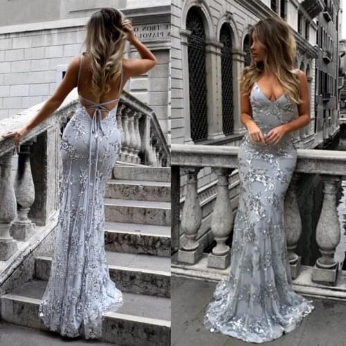 2020 Summer Lace Women Deep V Neck Sexy Backless Split Luxury Sequined New Dresses Floor Length Elegant Party Maxi Dress Female
