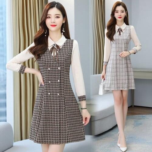 Small middle-aged womens temperament plaid dress 2021 Women new spring dress waist doll collar A-line Dress
