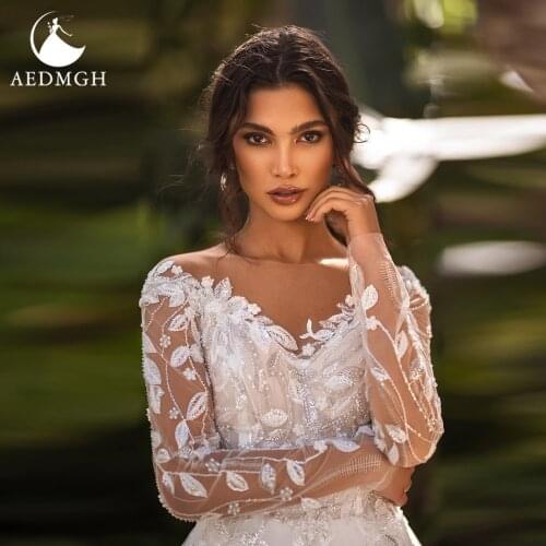 Aedmgh A-Line Wedding Dresses 2021 V- Neck Long Sleeve Court Train Vestido De Novia Lace Appliques Illusion Boho Bridal Gowns