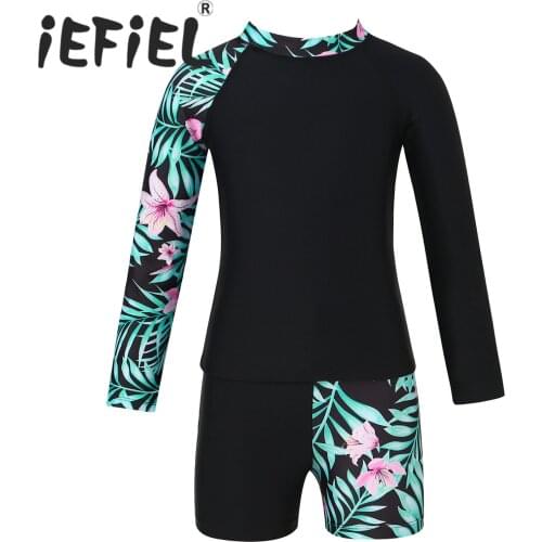 2Pcs Kids Girls Children Long Sleeves Swimwear Swimsuits Outfits Tops and Shorts Set Beach Pool Water Park Swimming Bathing Suit