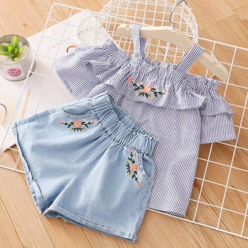 2021 Fashion 3 4 -11 12 Years Cotton Striped Embroidery Off Shoulder Strap T-shirt + Shorts 2 Pieces Baby Kids Girls Summer Sets