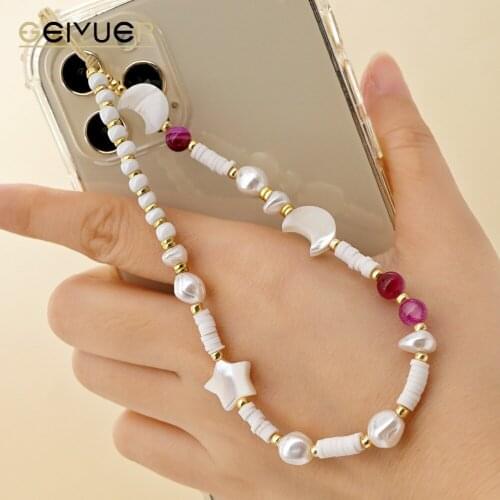 2021 Chain for Phone Mobile Strap Moon Star Charm Pearls Women Telephone Jewelry Polymer Clay Beaded Anti-Lost Couples Lanyard