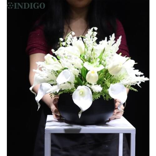 White Calla Flower Centerpiece (1 Set Bonsai With Metal Pot ) Artificial PU Tulip Customized Table Flower Arrangment INDIGO