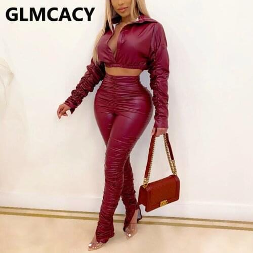 Women Two Piece PU Leather Ruched Suits Slim Chic Streetwear