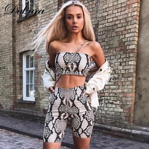 Dulzura snakeskin print boob tube crop tank top high waist shorts casual 2 pieces set 2019 sexy women fitness workout snake skin