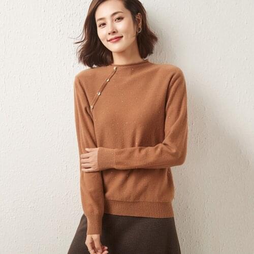 100% Wool Knitted Sweaters for Women 2021 New Arrival Winter/ Autumn Stand-Up Collar Female Sequined Tops 4Colors Jumpers