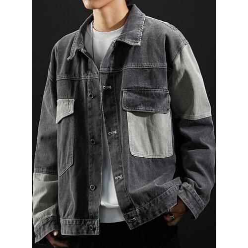 Fashion Mens Stitching Spring Autumn Denim Jacket Lapel Denim Blue Black Jacket Mens Casual Street Hip-hop Loose Youth Jacket
