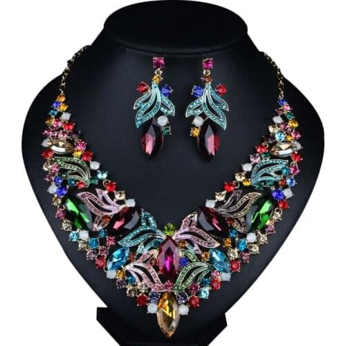 Elegant Women Jewelry Sets Hyperbole Artificial Crystal Rhinestone Pendants Choker Necklace Drop Earrings Jewelry sets for Party