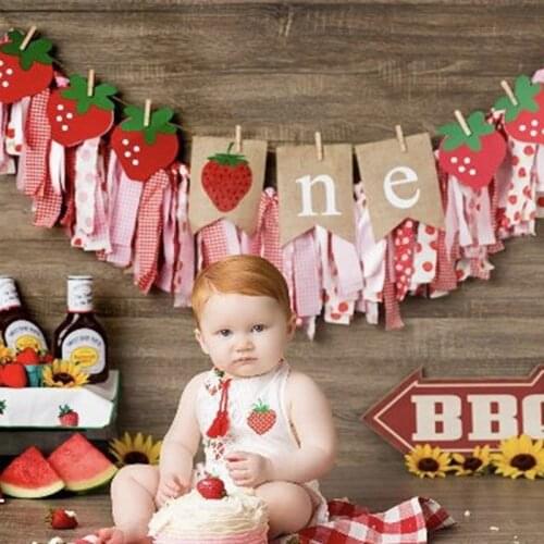 Strawberry Theme High Chair Banner Garland Sweet Baby 1st First Birthday Photo Props Party Backdrop Wall Decoration
