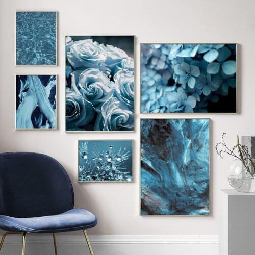 Blue Seawater Plant Canvas Painting Nordic Rose Chrysanthemum Posters and Prints Abstract Wall Art Pictures for Living Room