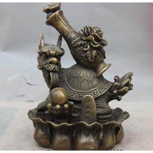 9 China Bronze Copper Fengshui Peony Tortoise Dragon Turtle Vase Bottle Statue