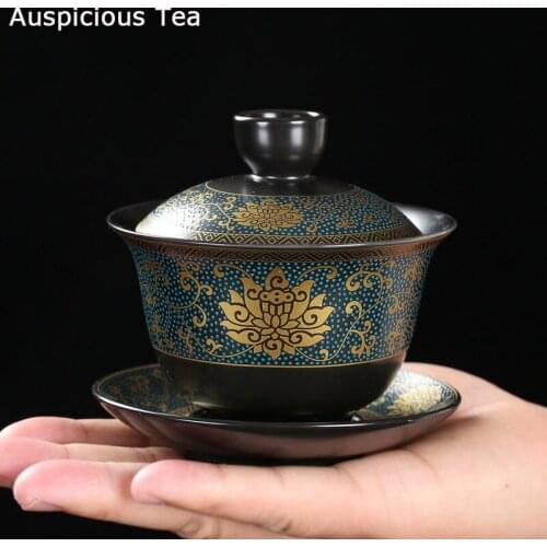 180ml Classical Black Ceramic Covered Bowl Tea Cup Large Creative Painted Gold Tea Bowl Kung Fu Tea Set Sancai Covered Bowl