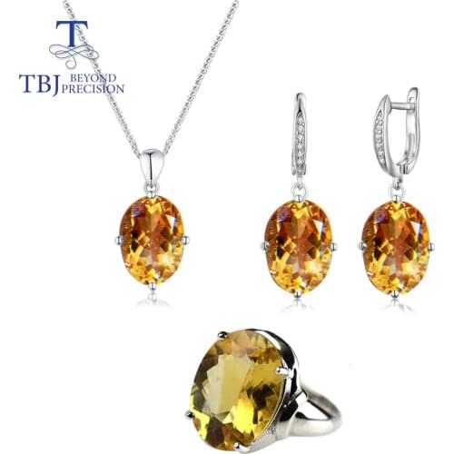TBJ,Big Citrine Oval 10*14mm Jewelry set 36ct brazi natural gemstone jewelry 925 sterling silver earring ring necklace for lady