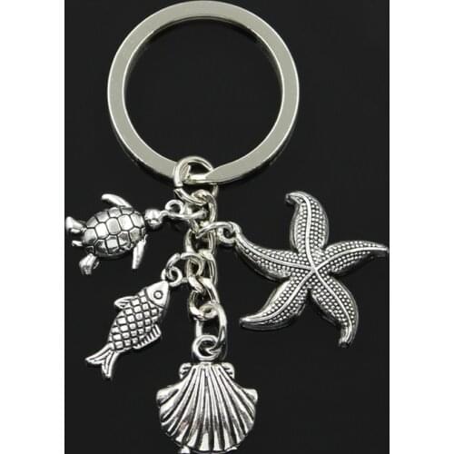Fashion 30mm Key Chain Keychain Jewelry Silver Color Marine Life Fish Shell Starfish Turtle Pendant