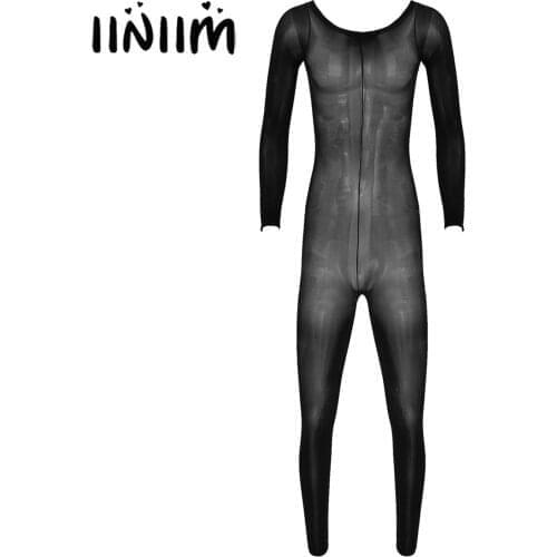 Men Soft Breathable Underwear Glossy See-through Nylon Bodystocking Bodysuit Round Neck Long Sleeve Stretchy Leotard Jumpsuit
