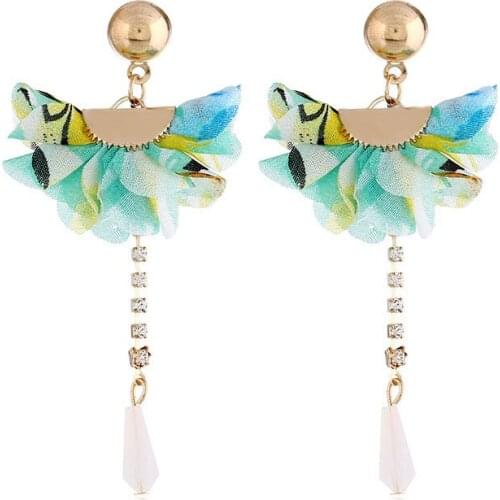 New Bohemian Ethnic Vintage Fashion Simple Luxury Handmade Weaving Colored Fabric Flowers Rhinestones Tassels Earrings For Women