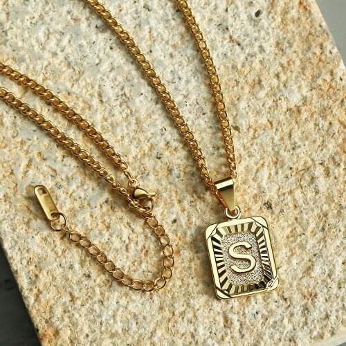 3mm Gold Necklace Square A-Z Initial Letter Name Pendant Necklace for Men Women Stainless Steel Curb Chain Fashion Jewelry Gift