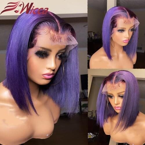 Purple Short Bob Lace Frontal Wigs 180 Density Colored Purple 13X6X2 T Lace Human Hair Wigs For Women Straight Remy Lace Wigs