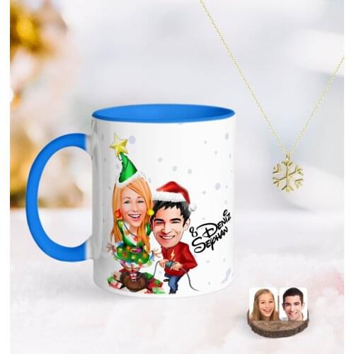 Personalized New Year Valentine Caricature Of Blue mug And Snow Them Kolye-1