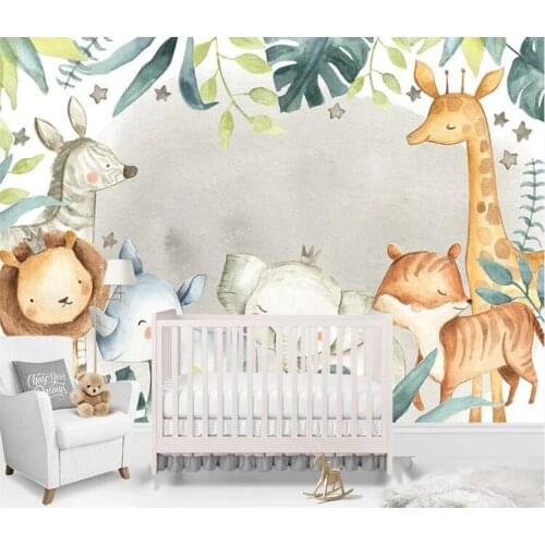 Custom wallpaper modern cartoon animal tropical giraffe watercolor plant Childrens room background wall 3d wallpaper