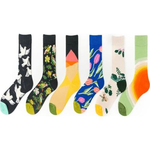 Pigeons, sunset, tulips, flowers &birds, frogs and bees, British style European&American art lovers long tube casual socks C08