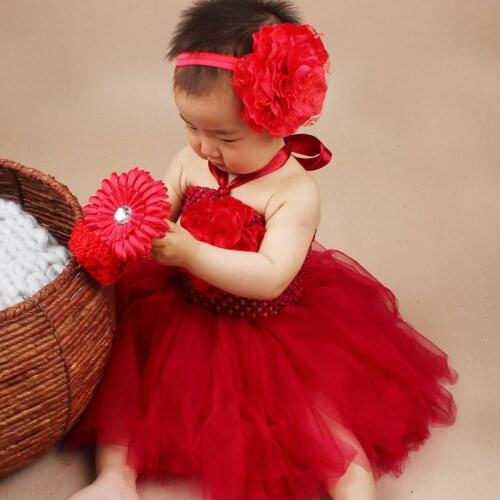 Christmas Tutu Dress with Matching Headband Baby Girl Peony Flower Tulle Dress Set Birthday Party Photo Costume TS043