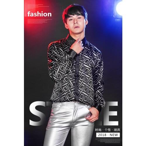 Fashion New Mens Black Printed Long sleeve Shirt Nightclub bar male singer Ds stage show performance costumes