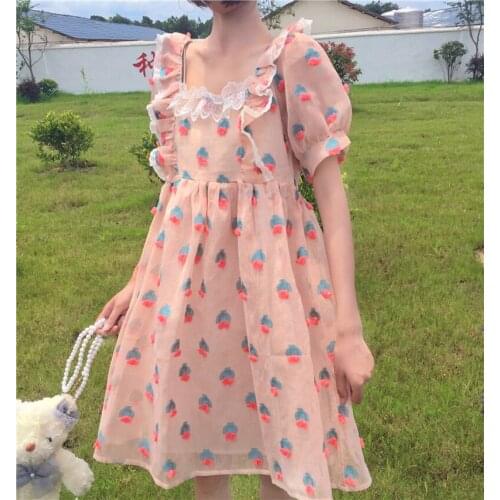 Sweet Flower Tutu Dress Women Mori Girl Style Loose Chiffon Pink Mini Dress Vintage Kawaii Puff Sleeve Dresses Summer 2021 New