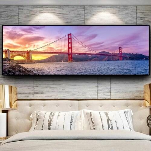 Sunsets Natural Golden Gate Bridge Coast Landscape Building Canvas Painting Posters and Print Wall Art Picture for Living Room