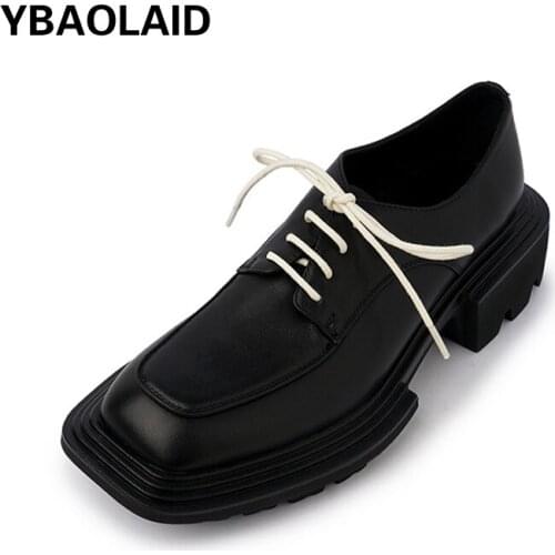 New Square Toe Black Lace-up Platform Small Leather Shoes Single Shoes Solid Color Set Foot Thick Heel Loafers Big Toe Shoes