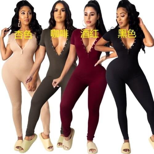 Spring and autumn new solid color small pit strip with corns sexy V-neck slim Jumpsuit