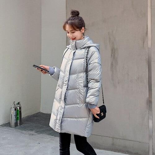 Womens Glossy Long Down Coat Hooded Thick Ladies Casual Winter Jacket Quilted Long Sleeve Solid Warm Parkas for Female 2021