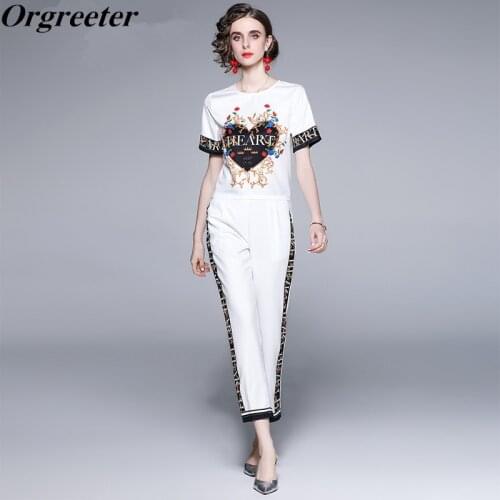 Design Runway Tshirt Trousers Suits Womens O-neck Heart Flower Print Short Sleeve Tops and High waist Pencil Pants 2 Piece Sets